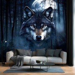 Fototapete - Lone wolf standing under glowing moonlight surrounded by peaceful and quiet forest scenery