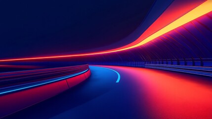 Sticker - Vibrant red blue neon lights illuminate curving road tunnel. AI Generated