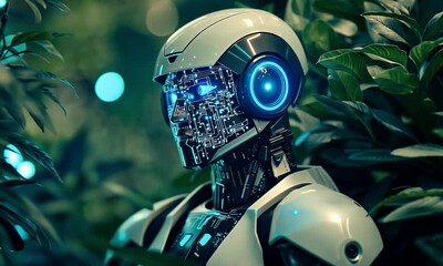 Fototapete - Robot in jungle, AI, technology, nature, future, digital, environment,  science fiction, stock photo