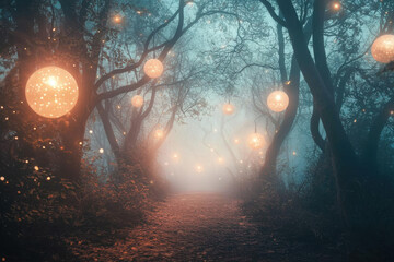 Wall Mural - A mystical forest illuminated by floating lanterns, glowing orbs creating an ethereal and magical atmosphere.