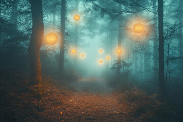 Wall Mural - A dark enchanted forest where glowing orbs float among the trees, casting soft ambient light.