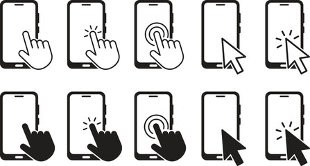 Smartphone screen cursor click vector icon in line and silhouette style. Click the pointer icon symbol on the smart phone touch screen. Vector illustration