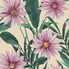 Wall Mural - Soft Beige Floral Pattern with Large Pink and Purple Flowers