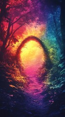 Wall Mural - Rainbow bridge glowing above a mystical forest, vibrant magical tones, realistic artistic depiction, isolated with colorful gradient background for focus.