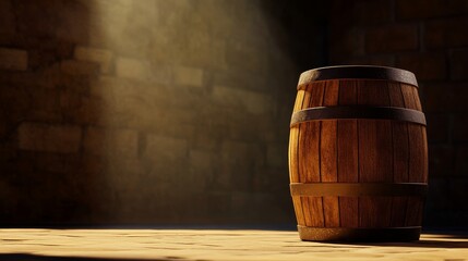 Wall Mural - Wooden barrel illuminated by soft light in a rustic environment, creating a warm atmosphere