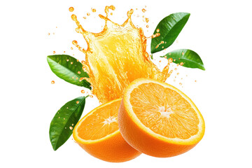 Wall Mural - Orange halves with splashing juice and green leaves isolated on white or transparent, PNG