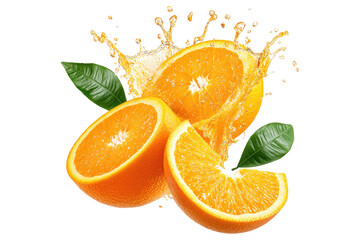 Wall Mural - Orange halves with splashing juice and green leaves isolated on white or transparent, PNG