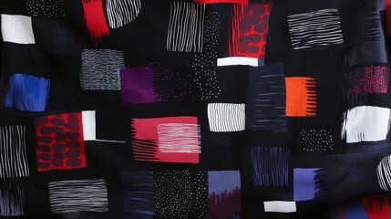 Wall Mural - A black and white patterned fabric with red, blue, and purple squares