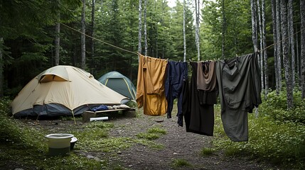 a typical campsite at a boy scout camp includes and dirty clothes drying on a rope