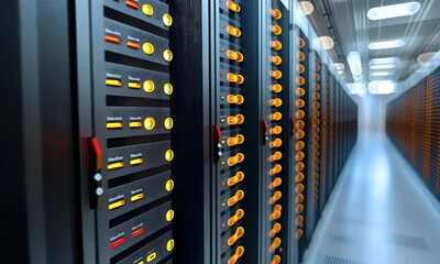 Poster - Server room aisle, data center, network infrastructure, digital technology, processing information, background lights