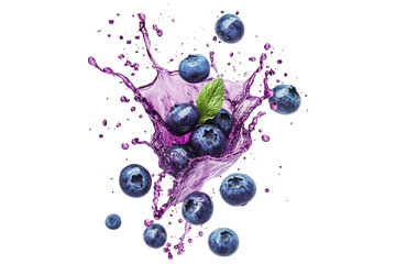 Wall Mural - Fresh blueberries with splashing purple juice and green leaf isolated on white or transparent, PNG