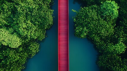 Aerial view of red wooden bridge walkway leads straight out of the mangrove forest