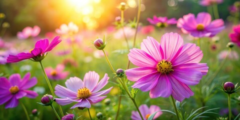 Wall Mural - Vibrant cosmos flower blossoms in a lush garden with sunlight filtering through the foliage, creating a soft warm glow on the petals , cosmos flower, garden