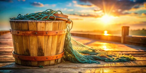Rustic coastal scene: a fishing net rests in a bucket, embodying summer vacation's beach gear.