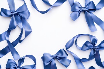 Wall Mural - Blue ribbons frame white background, gift bows, festive