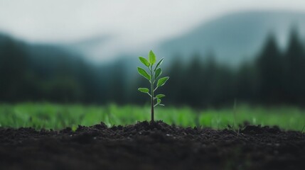 Wall Mural - Small plant seedling growing in dark soil with blurred mountain background.