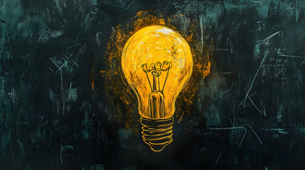 Poster - A bright yellow chalk doodle of a lightbulb against a plain blackboard background, symbolizing innovation and creativity  -