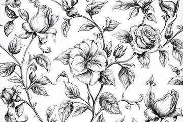 Wall Mural - Elegant black and white floral pattern featuring roses and leaves, suitable for wallpaper or textiles