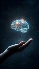Wall Mural - a glowing brain floating above an open palm, symbolizing human thought and intelligence -