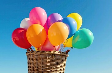 Wall Mural - Colorful balloons overflowing from a wicker basket against a bright blue sky