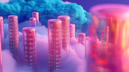 Canvas Print - Futuristic city towers in vibrant clouds.