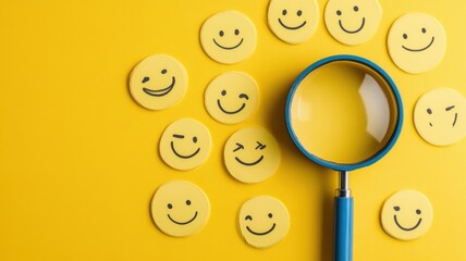 Various smiley face stickers arranged on a bright yellow background with a magnifying glass focusing on one sticker