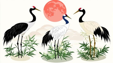 Naklejka na meble Elegant Red-Crowned Cranes in Bamboo Grove