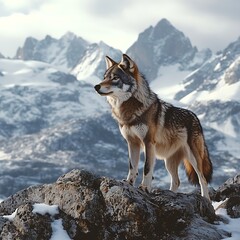 Fototapete - Majestic wolf standing snowy mountain surrounded breathtaking peaks glowing softly in serene golden glowing vibrant colorful sunset sky