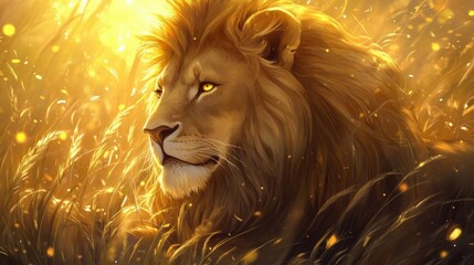 Wall Mural - majestic lion bathed in golden sunlight, surrounded by tall grass, focus on power and serenity