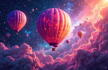 Wall Mural - Celestial Balloons: A vibrant explosion of colorful balloons floats amidst a cosmic dreamscape of swirling nebulae and stardust. A surreal and captivating image perfect for fantasy, celebration. 