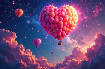 Wall Mural - Celestial Balloons: A vibrant explosion of colorful balloons floats amidst a cosmic dreamscape of swirling nebulae and stardust. A surreal and captivating image perfect for fantasy, celebration. 