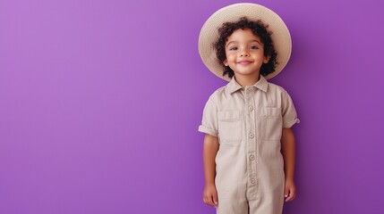 Wall Mural - Adorable Little Girl in Straw Hat Smiling Cheerfully Against Purple Background