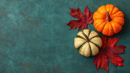 Wall Mural - Autumnal Still Life with Pumpkins and Maple Leaves