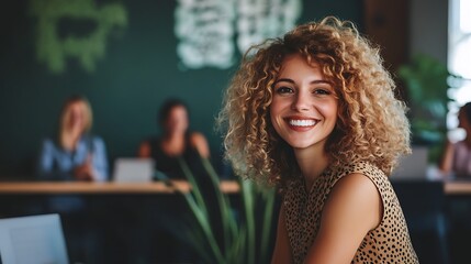 Wall Mural - Smiling young woman with curly hair in office setting.