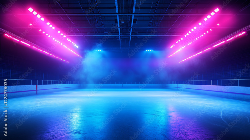 Ice Rink Background. Professional Arena illuminated blue, pink neon ...