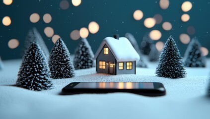 Wall Mural - Cozy Winter House on a Portable Device Screen