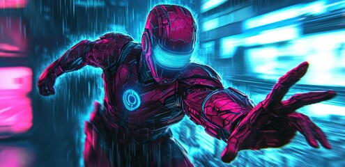 Sticker - Cyberpunk Robot in Neon City Rain