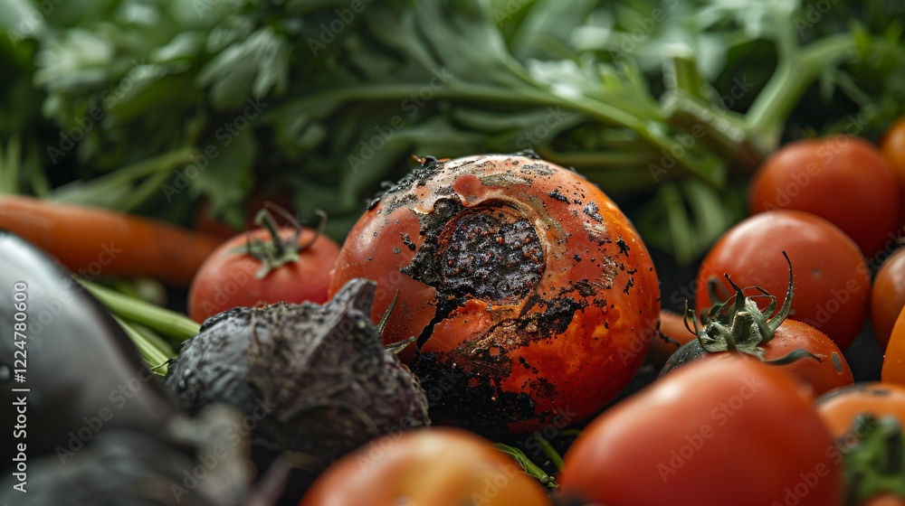 Fresh vegetables with a single rotten tomato in the center, symbolizing ...
