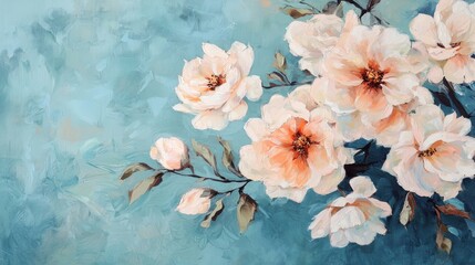 Wall Mural - Elegant Peach and White Blossoms on Teal Background Painting