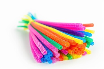 Colorful pile of fuzzy pipe cleaners ready for crafting in a bright and cheerful workspace isolated on transparent background