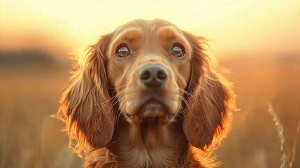 Wall Mural - Golden Retriever Dog Portrait at Sunset in a Field