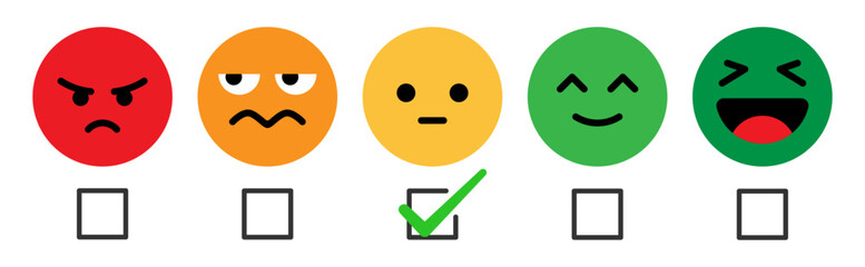 Aufkleber - Rating emoji set with check box and tick mark for customer feedback and experience with bad, poor, average, good and excellent text. Emoji feedback scale. Rating emoji collection. Vector icon