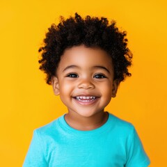 Wall Mural - Happy Toddler With Bright Smile And Curly Hair Against Yellow Background