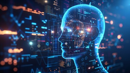 Wall Mural - a digital rendering of a human head composed of lines and dots.