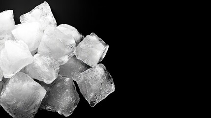 Wall Mural - Close-up of ice cubes on black background; drink ingredient; copy space