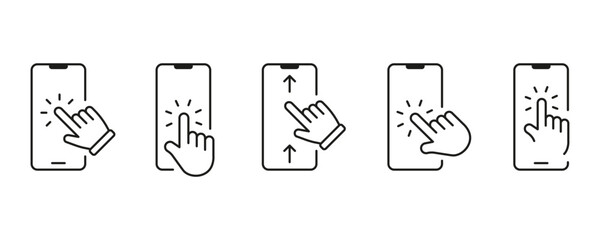 Click the smartphone line icon set. Hand touch screen display. Touch screen icons. Tap point, pointer on touch screen outline. Cursor finger icon. Vector and transparent background