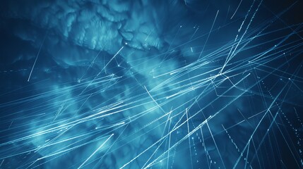 Wall Mural - an abstract background with a blue cloudy sky and white glowing lines.