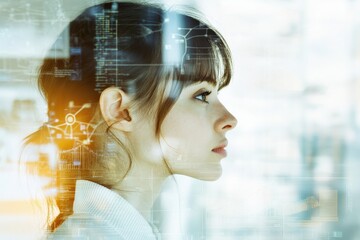 Wall Mural - multiple exposure of a female data scientist analyzing patterns on a screen, layered with graphs and