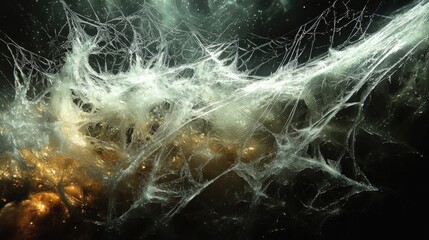 Intricate web, golden glow, dark background.