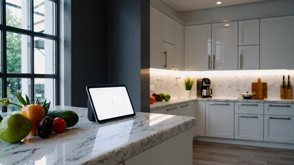 Leinwandbilder - A clean, modern kitchen scene with smart appliances, voice-activated gadgets, and fresh produce, reflecting the smart home and healthy living movement.
